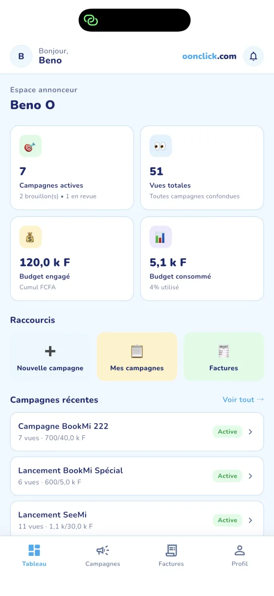 Tableau de bord annonceur oonClick : campagnes actives, vues totales, budget engagé et consommé