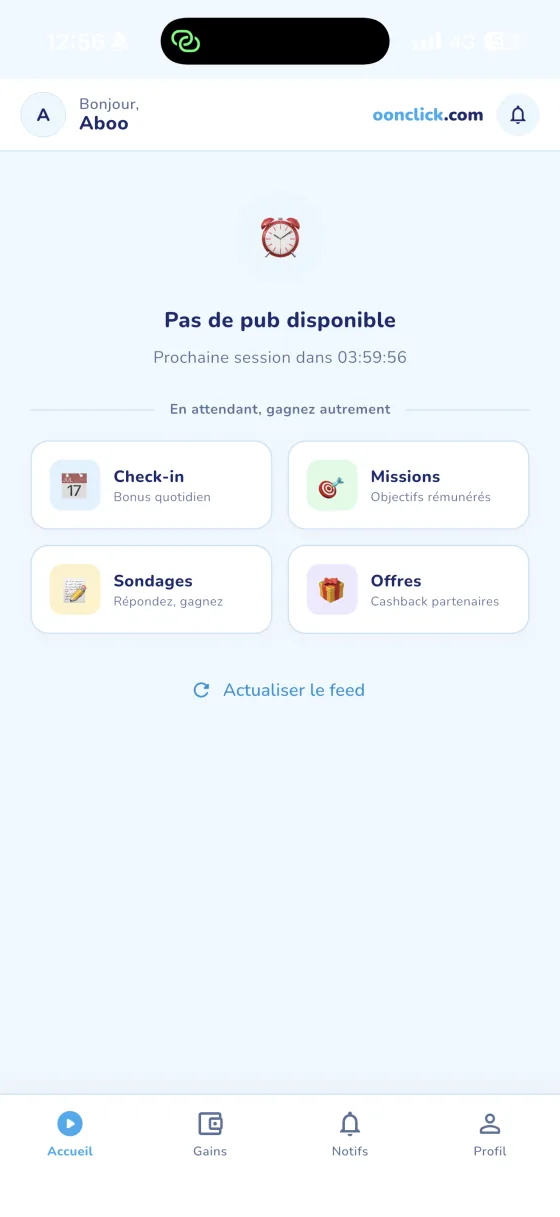 Feed abonné oonClick : prochaine session de publicités, check-in, missions, sondages et cashback